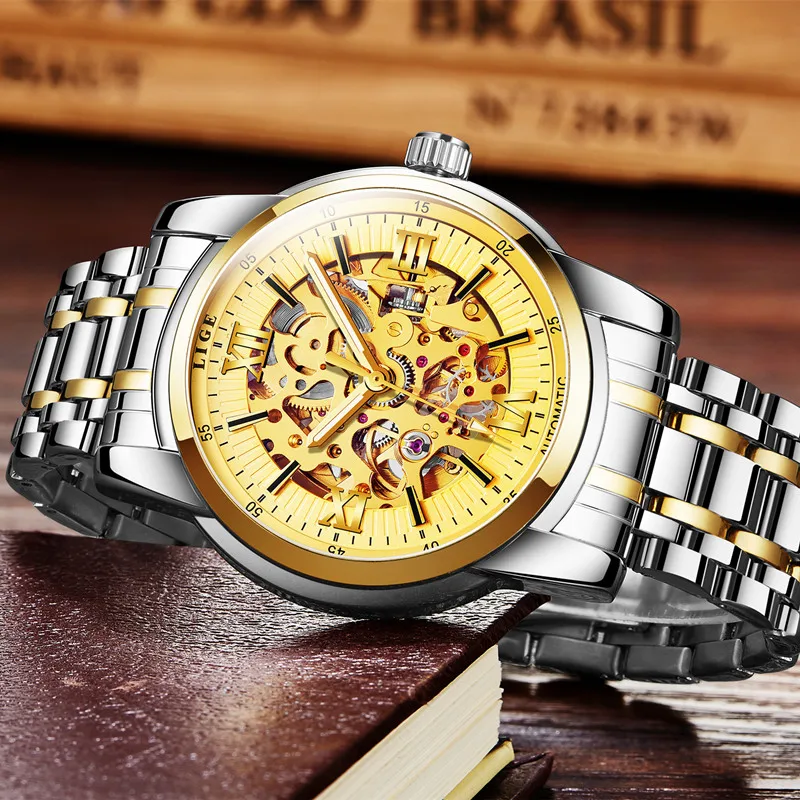 Для мужчин Часы 2017 lige бренд класса люкс известный Военное Дело часы Скелет