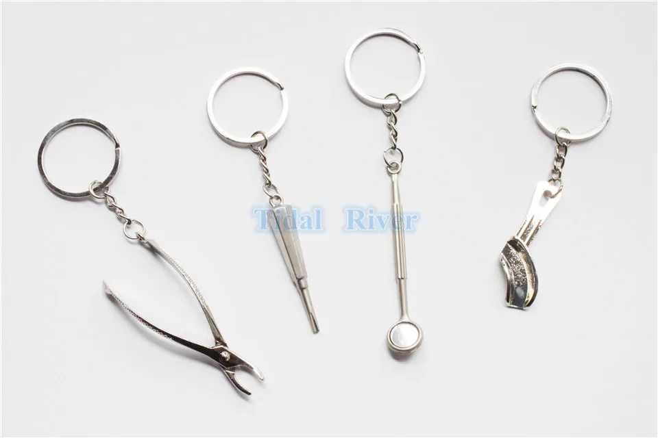 4Pcs/Set Dentist Assorted KEYCHAIN Silver Dental Tool Design Key Chains Decorations Dental Lab Promo Great Gift