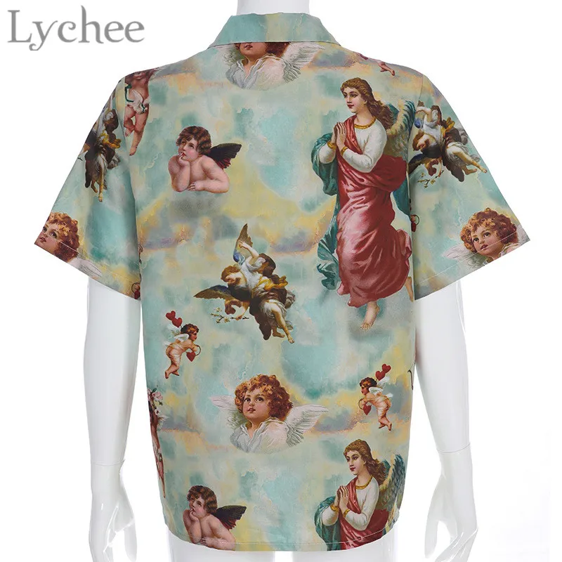 Lychee винтаж угол печати женские блузки с отложным воротником свободные лето весна короткий рукав женская блузка рубашка