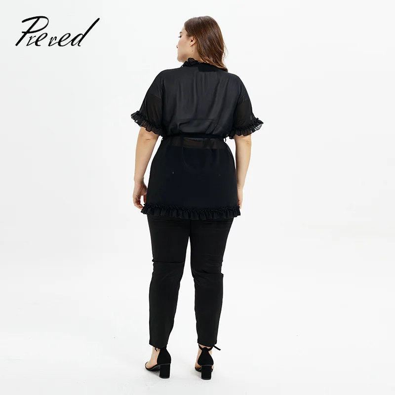 Women's Shirt Summer Female Plus Size Solid Color Hoody Clothing Sexy Chiffon Blouse Can Tie Ruffled Cardigan |