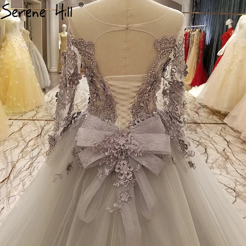 Серые с длинными рукавами 3D поток бисером Хрустальные Вечерние платья