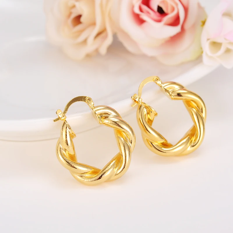 

2pairs Bridal Men Jewelry Gold Brincos Top Quality Women Hoop Earrings yellow Wave Hollow Earrings