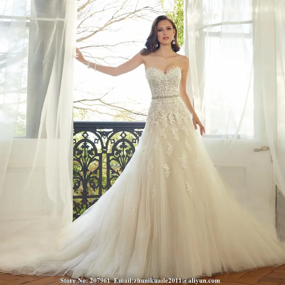  Линии Кот Свадебные Платья 2016 Vestidos де noiva Тюль с Аппликации Кристалл ремень Суд