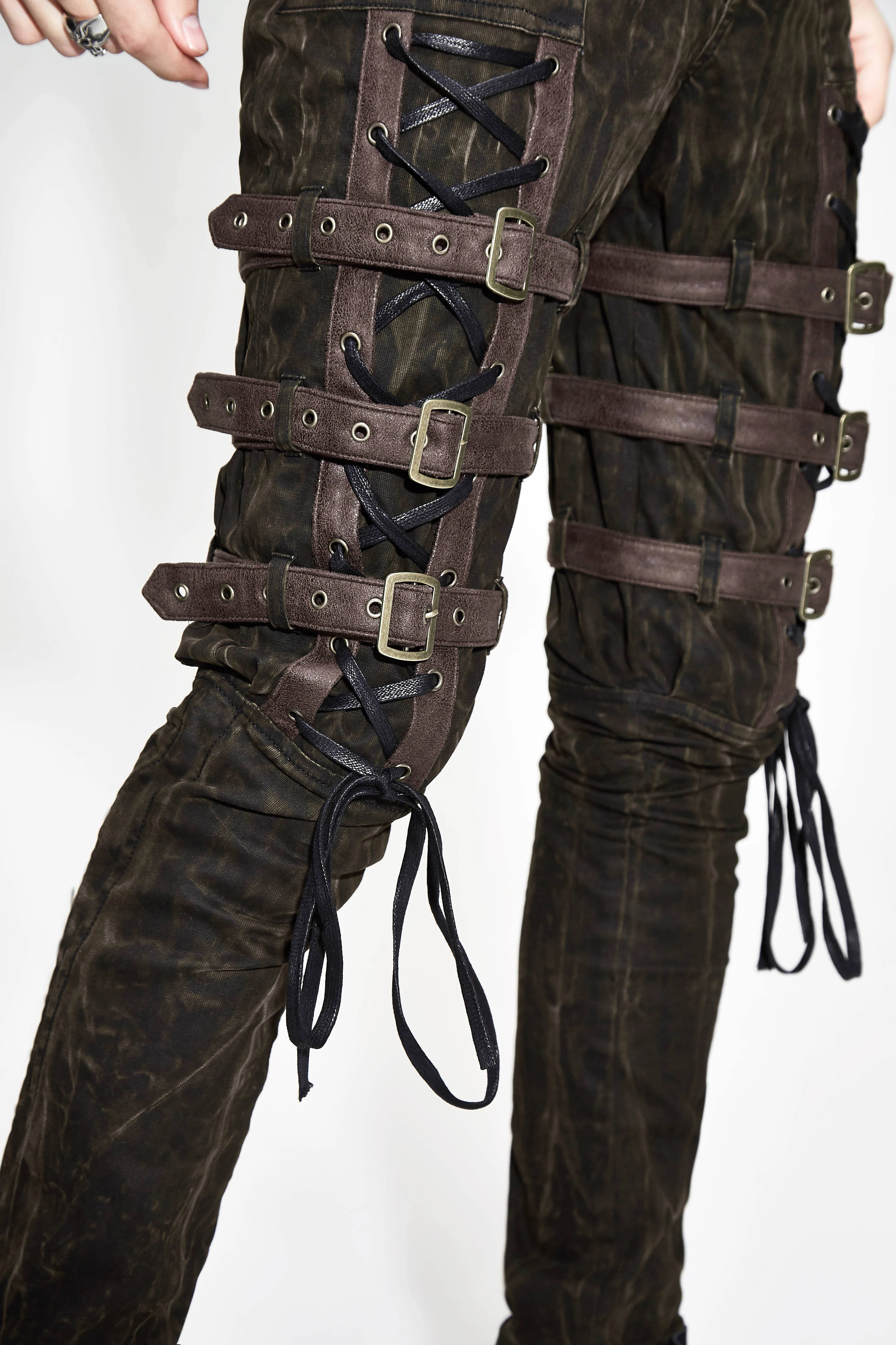 Steampunk Men Long Jean Gothic High Waist Black Brown Tights Slim Trousers Straps in the Leg Lace Up Pencil Pants New