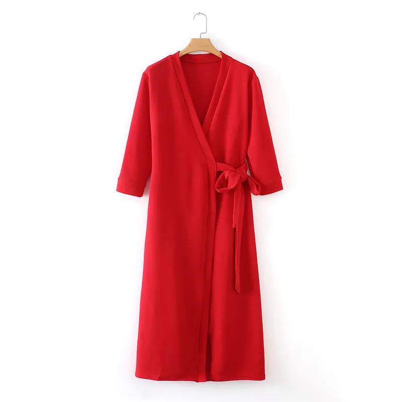 Женское красное платье с перекрестным v образным вырезом бантиком и поясом