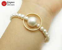 qingmos natural pearl bracelets for women with 6 7mm round white pearl 14mm white sea shell pearl bracelet fine jewelry 7 5