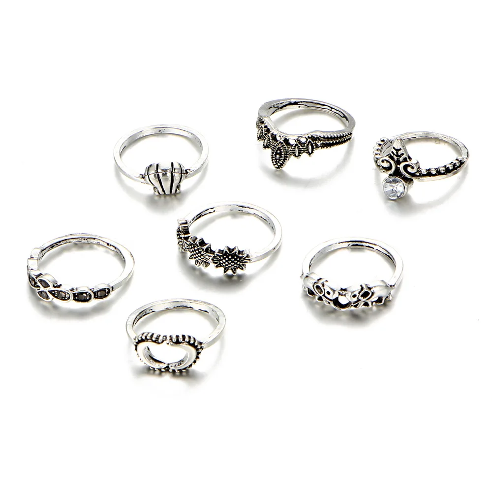 Elephant Rings Antique Gold Silver Color Crystal Midi Knuckle Finger Ring Set Women Hollow Flower Crown Moon Sun Jewelry 7 pcs | Украшения