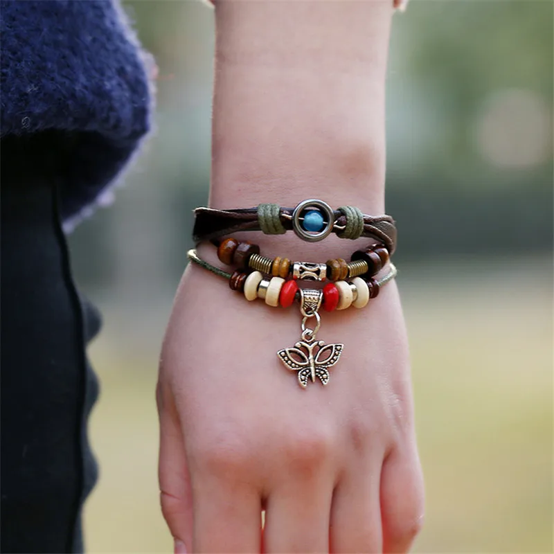 2016 New Fashion Genuine Leather Bracelet Vintage Silver Butterfly Ethnic Beaded Bracelets&Bangles Unisex Jewelry Free Shipping |