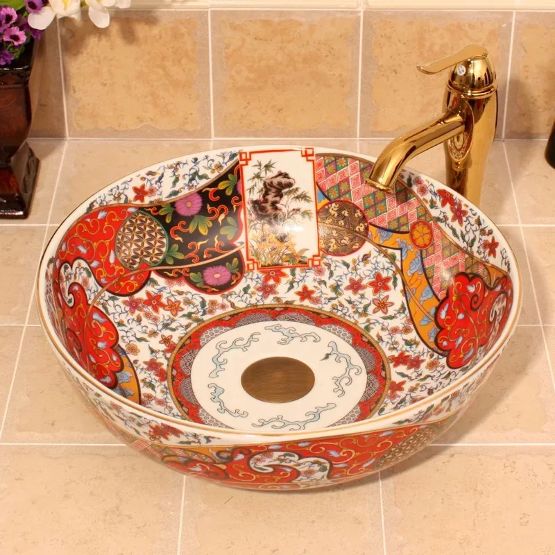 

Western antique chinese ceramic colored bathroom sink hand wash bowls
