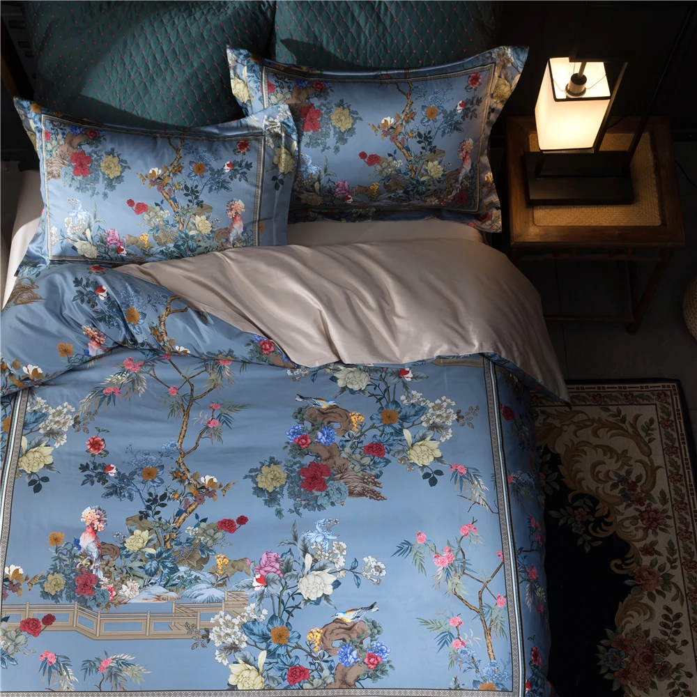 Постельный комплект пасторальный сад с цифровой печатью синий 4 шт. Египетский