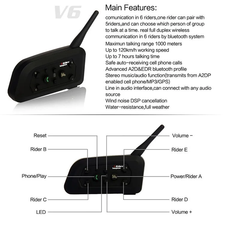 VNETPHONE 1200 м 1 шт. беспроводной Bluetooth мотоциклетный шлем домофон 6 райдеров Переговорная гарнитура поддержка Mp3 Intercomunicador Moto