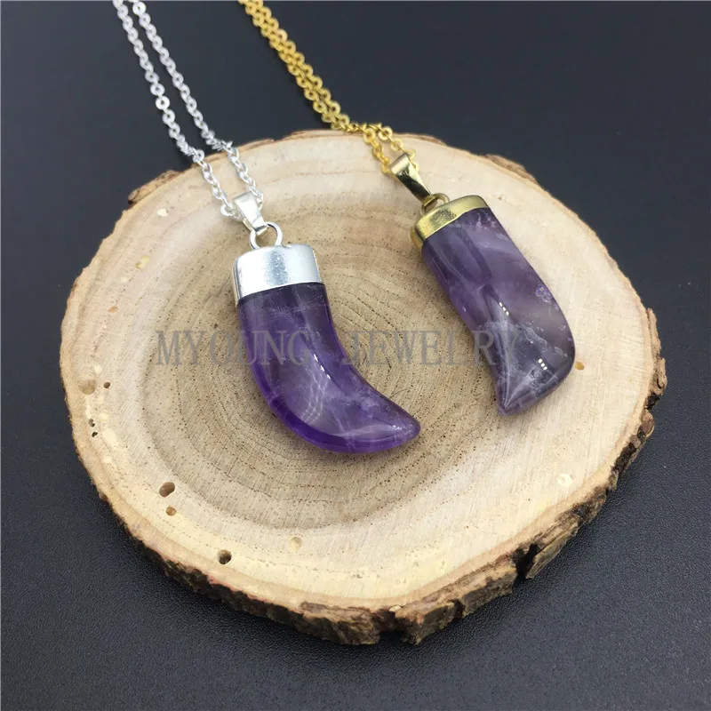 MY0848 фиолетовый кварцевый рожок Tusk кулон аметисты ожерелье с чистой золотой или