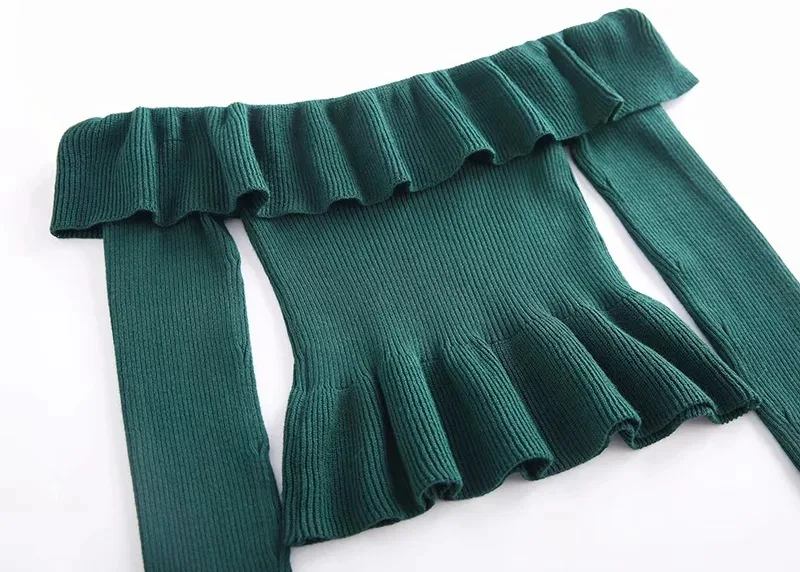 

Sexy Women Off Shoulder Top Slash Neck Long Sleeve Ruffles Pullover Sping Slim Blouse Ladies Knitted Sweater Shirt Female Blusas