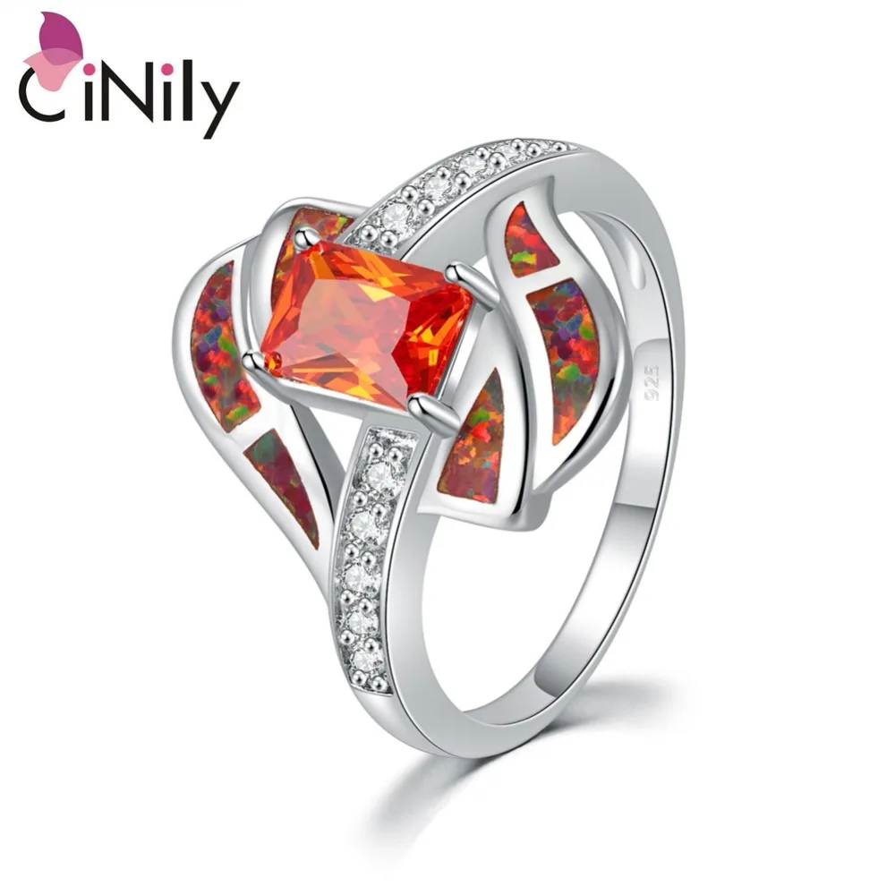 Кольцо на палец CiNily Orange Fire Opal с фианитами и кристаллами посеребренное покрытие