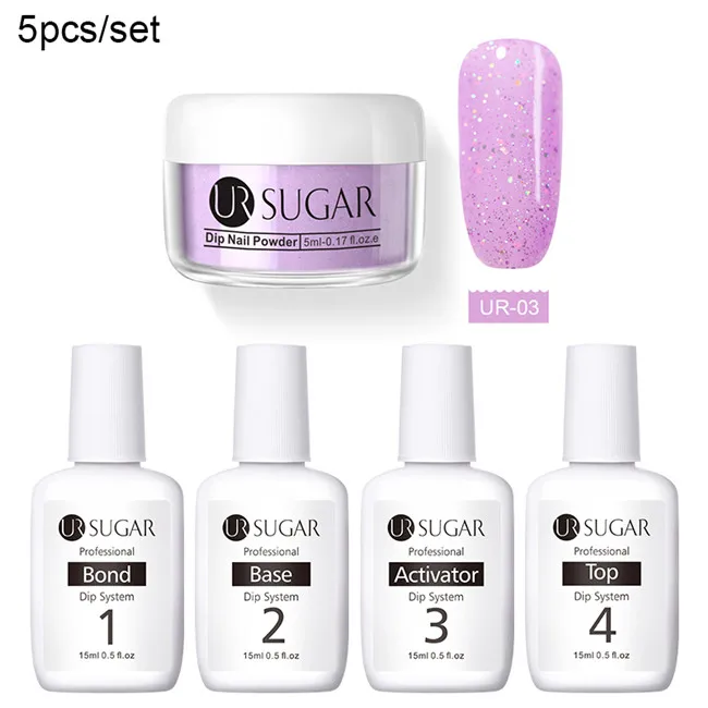 Colorful 3 UR SUGAR 5pcs Dipping Nail Glitter Powder Kits Without Lamp Cure Dip System French Manicure with Base Activator Liquid Gel Set - Цвет: Colorful 3