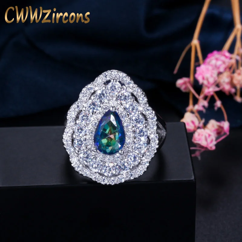 CWWZircons-Anillo de circonia cúbica para mujer, joyería de compromiso de boda, piedra brillante, cristal místico azul, R101