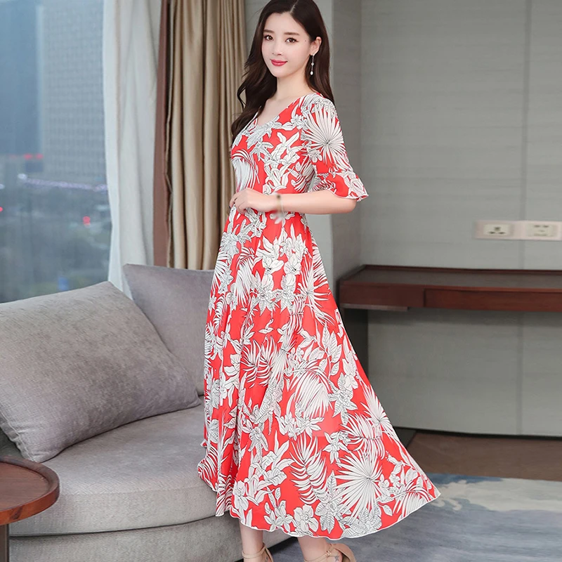 Женское офисное летнее платье с короткими рукавами в цветочек модное