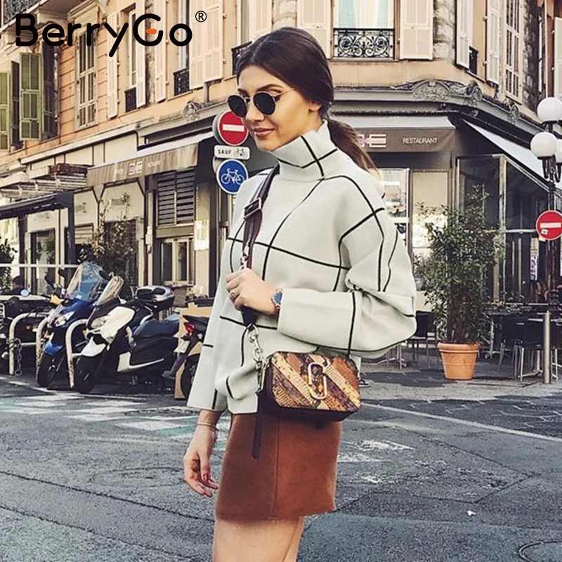 BerryGo элегантный офисный женский клетчатый пуловер свитер повседневная водолазка