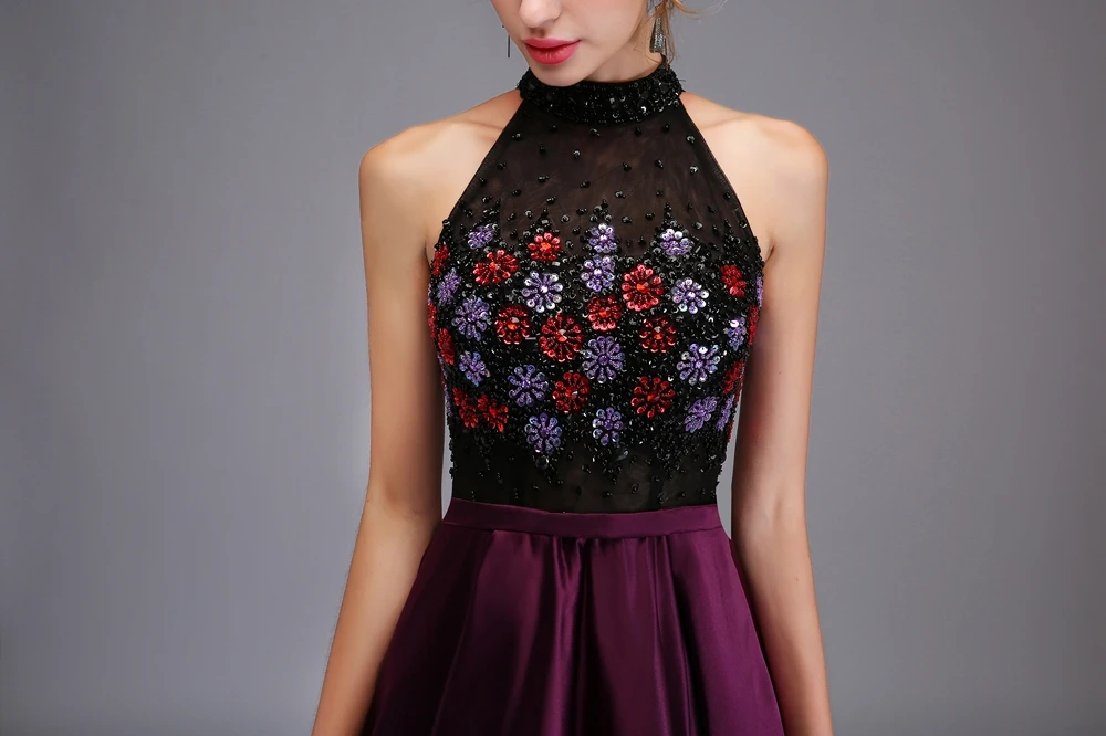 Luxury Evening Dress High-end Custom Purple Satin Halter Beading High-slit Sweep Train Prom Party Formal Gown |