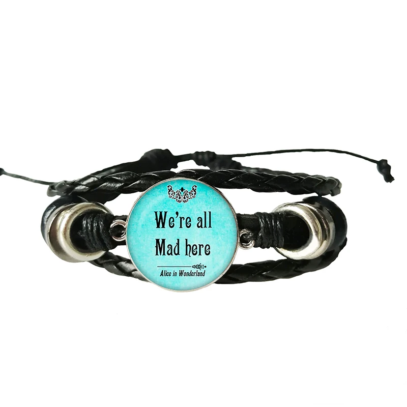 Стеклянный кожаный браслет Чеширская цитата Алисы в Стране чудес, ручной работы, выпуклое ювелирное изделие Мы все сумасшедшие здесь.