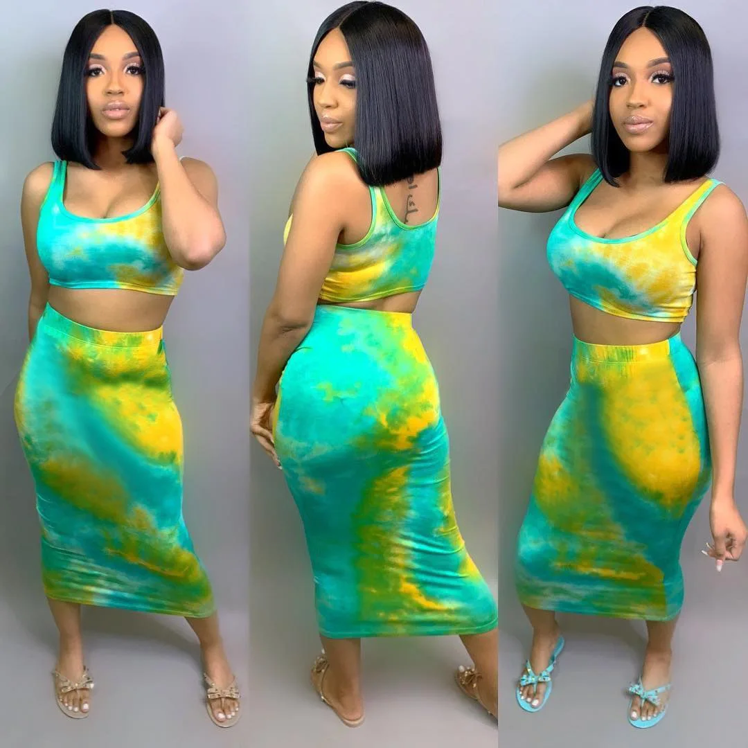 Two Piece Dress Women Summer Set Green Tanks crop top + long skirt 2 PCS Party Club Outfits Sexy Midi | Женская одежда