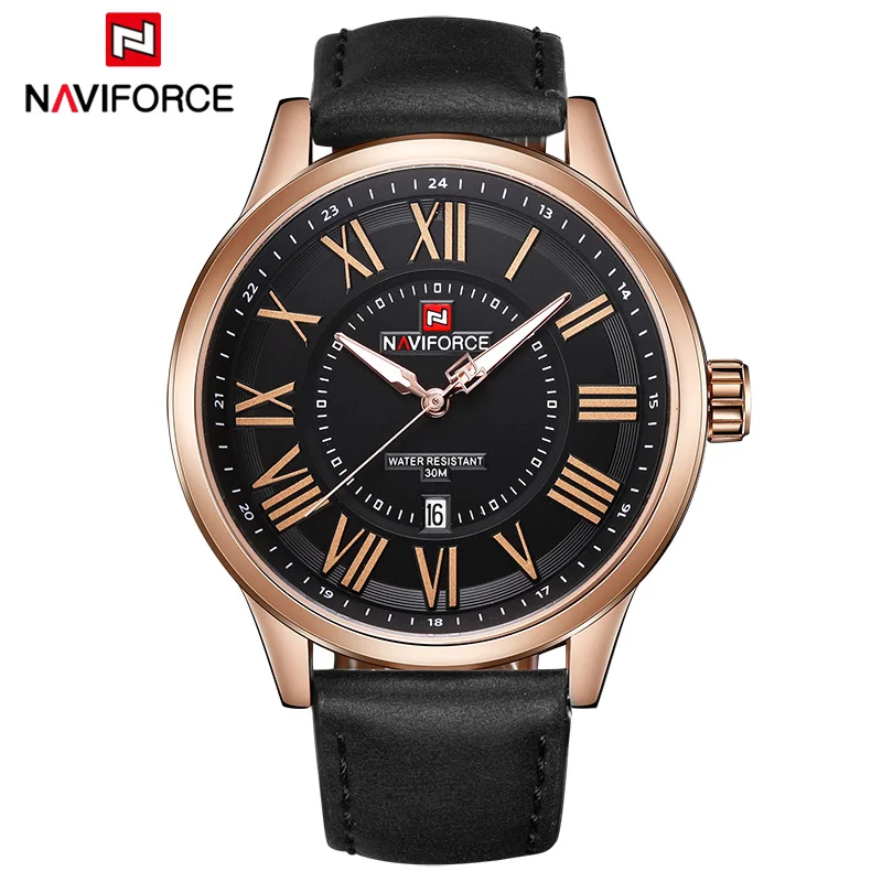 NAVIFORCE новые брендовые модные часы мужские спортивные кварцевые часы водонепроницаемые кожаные Наручные часы мужские часы в римском стиле relogio masculino - Цвет: Gold Black