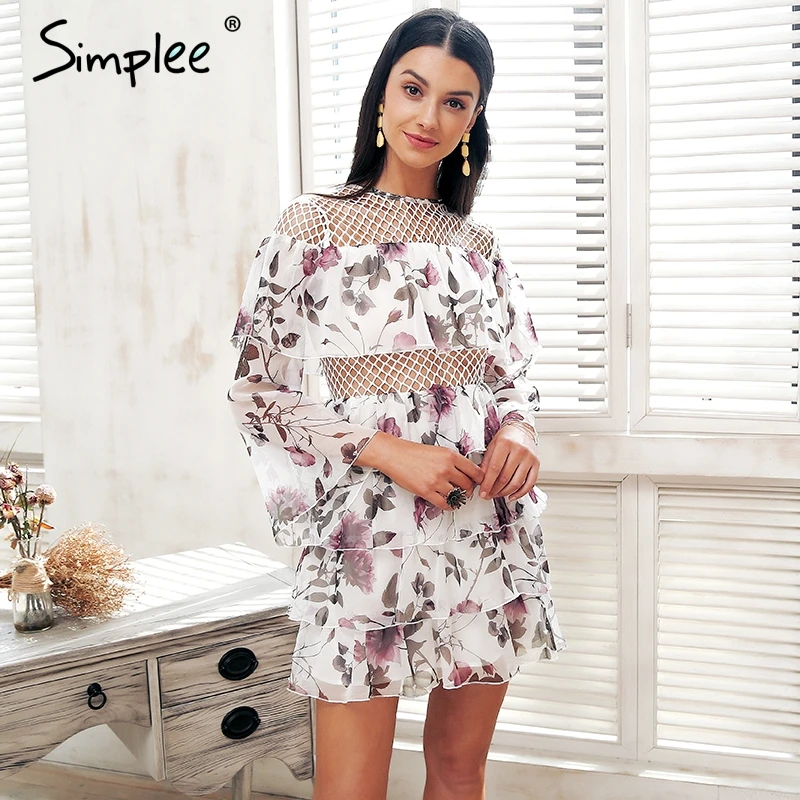 Simplee рюшами из сетчатого материала летнее платье Для женщин рукав фонарик