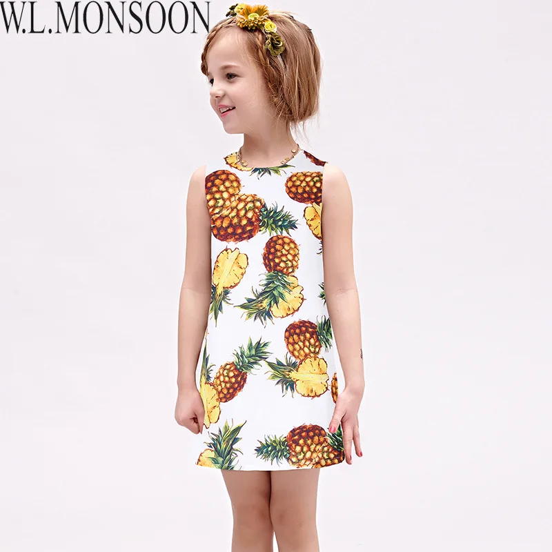 W.L.MONSOON Girls Summer Dresses with Pineapple Print 2021 Brand Toddler Dress Children Princess Costume Robe Fille Kids Clothes | Детская
