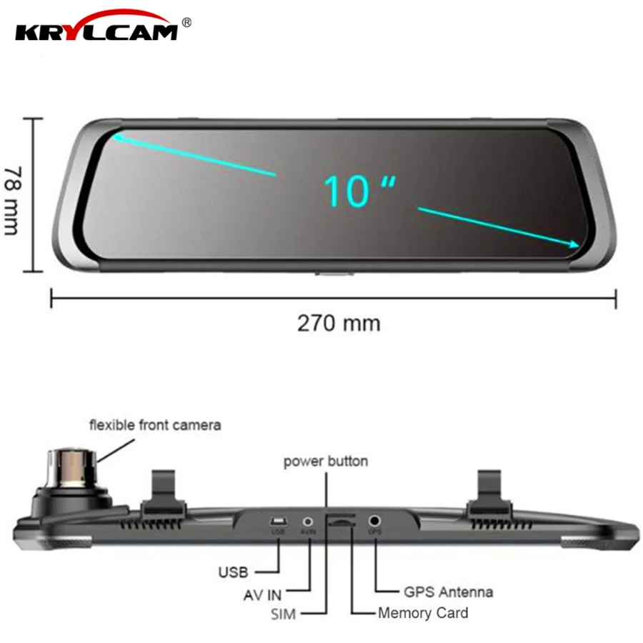 Krylcam E08 Автомобильный видеорегистратор 10IN 1080P Full HD сенсорный экран Bluetooth WiFi 4G Android