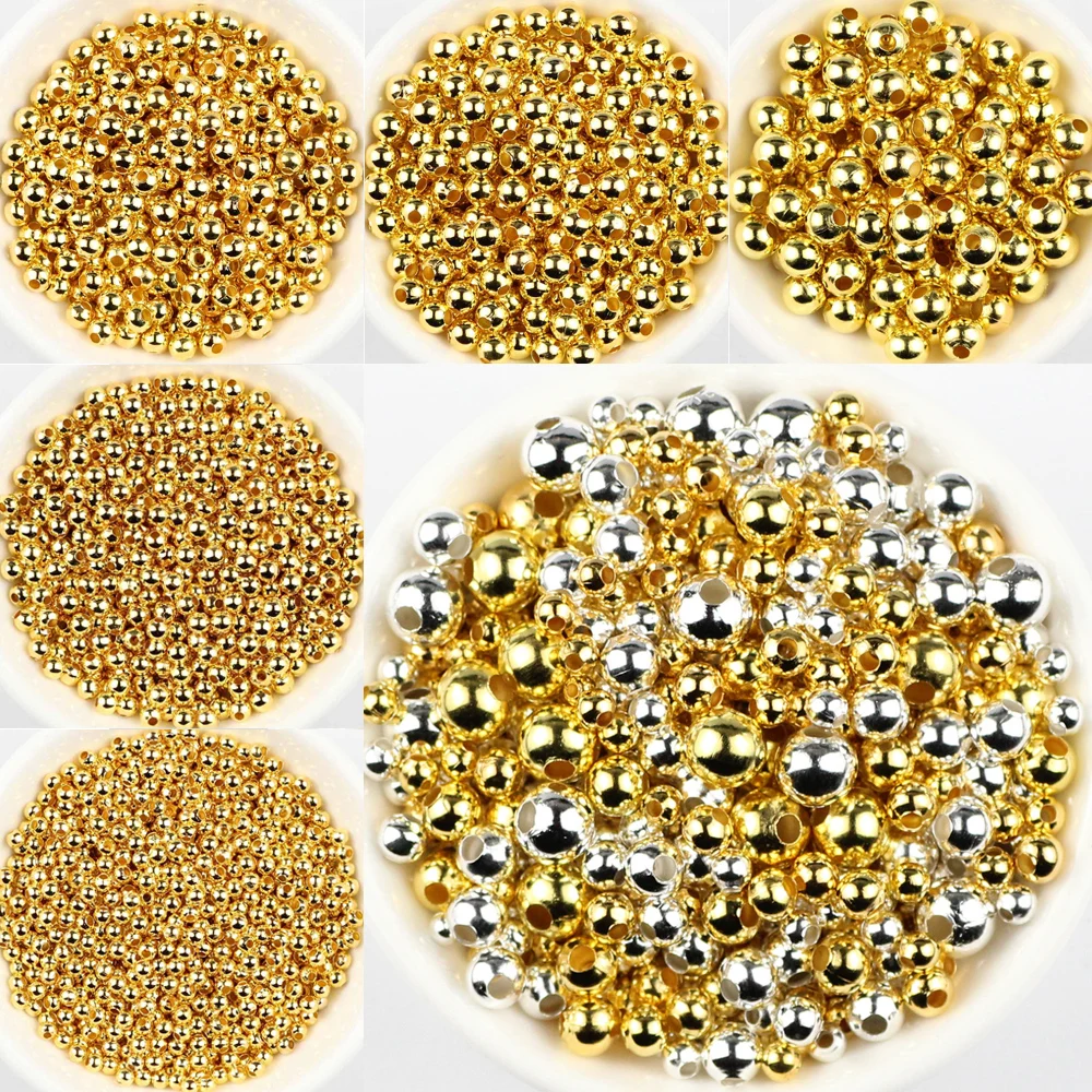 JHNBY Gold Plated Metal beads 2/3/4/5/6/8MM Round Iron Spacer Loose beads for Jewelry bracelets necklace making DIY accessories