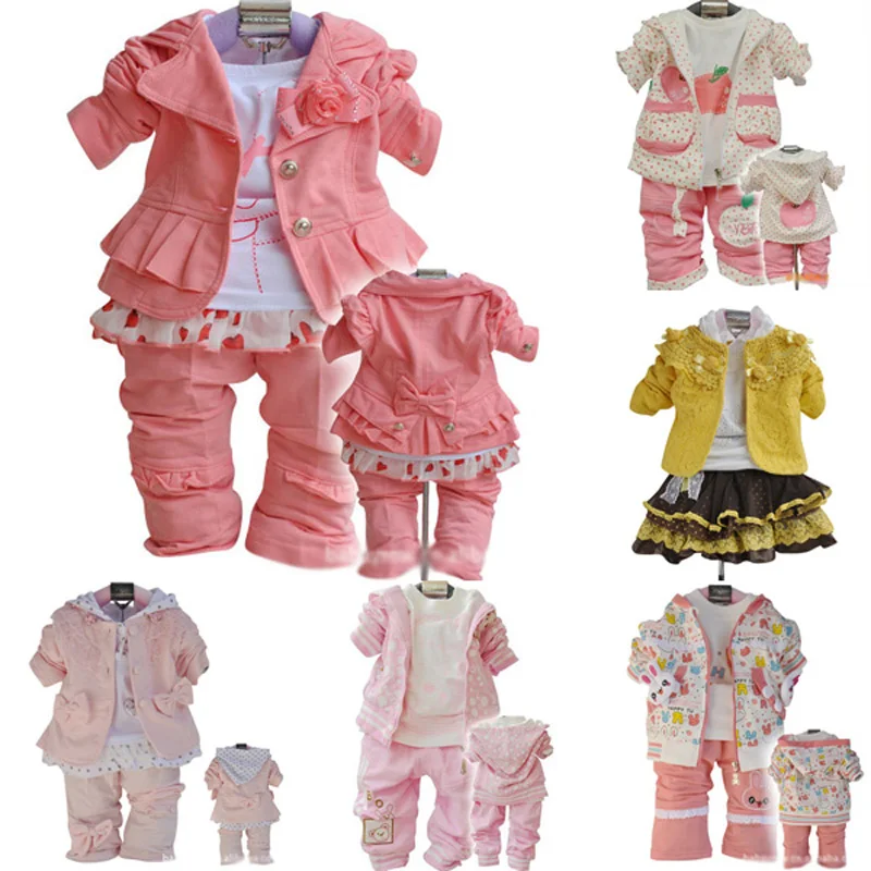 

2016 New Girls Flowers Lace 3pcs Clothes Sets spring autumn Kids coat+long-sleeved T shirt+pants Cute Patter girl set high-grade