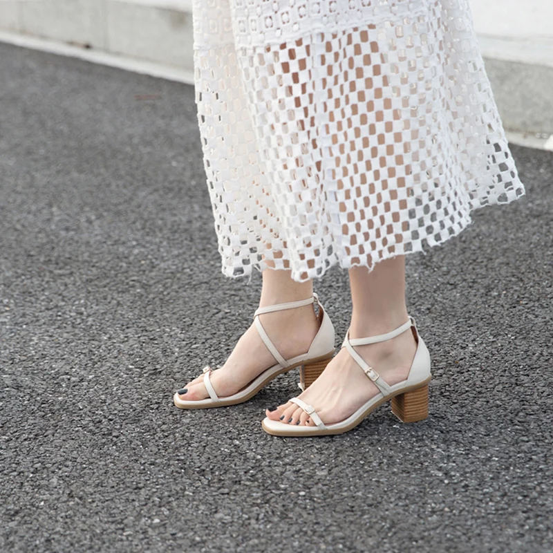 

Women Genuine Cow Leather Open Toes One Band Simple Ankle Cross Criss Flexible Strap Summer Mid Chunky Block Easy Wear Sandals