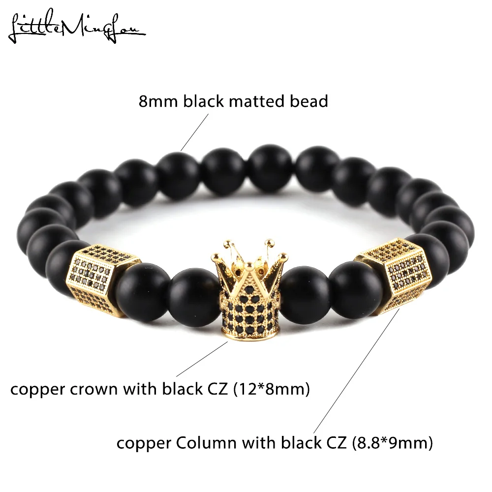 Micro Pave черный циркониевый золотой браслет с шармом короной мужской матовый