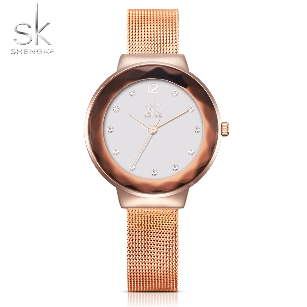 Часы Shengke женские с браслетом роскошные модные брендовые цвет розовое золото