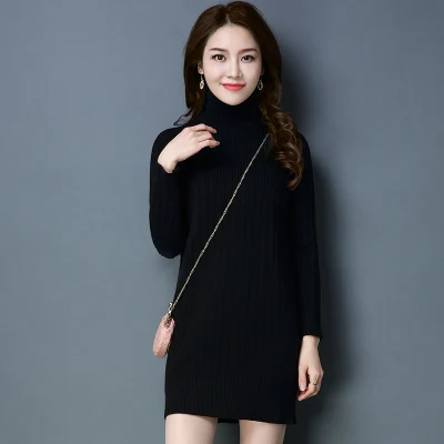 Осенний и зимний кашемировый свитер размера плюс, женский свитер с высоким воротом, женский толстый теплый свитер, длинный вязаный свитер LJ0545 - Цвет: Черный