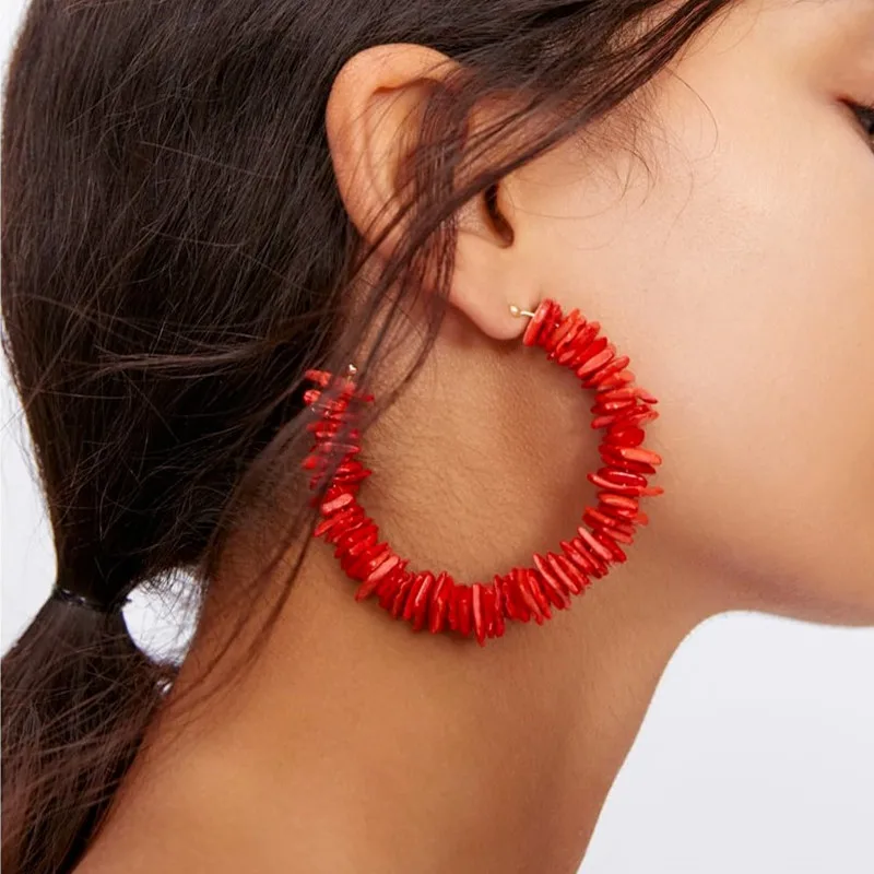 Женские серьги большой круг обруч из натурального камня круглые золотые с