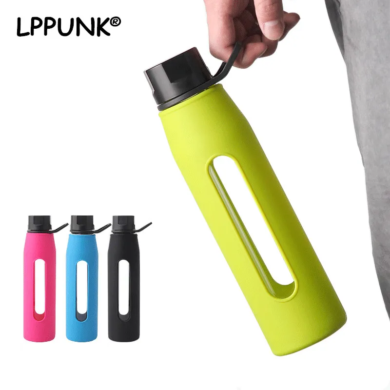 

Bpa-Free 570ml Portable Handle Lid High Borosilicate Glass Water Bottle Sports&Outdoor Bicycle Kettle With Silica Body Cover