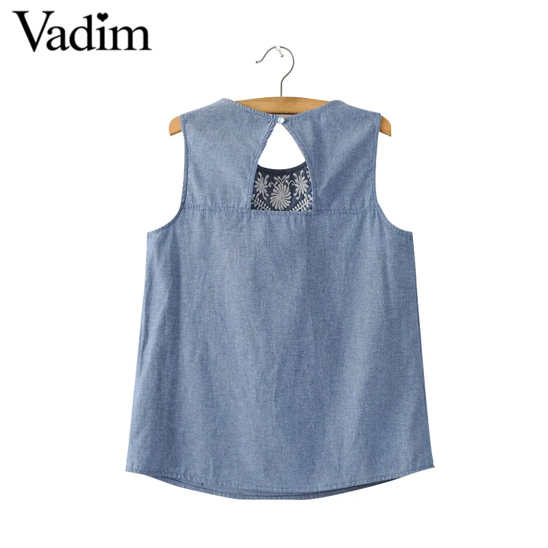 Для женщин Элегантный Вышивка рукавов джинсовые рубашки с вырезом на спине