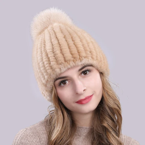 beige Lovely Real Mink Fur Hat Women Winter Knitted Real Mink Fur Beanies Hats With Fox Fur Pom Poms New Thick Real Mink Fur Cap - Color: beige