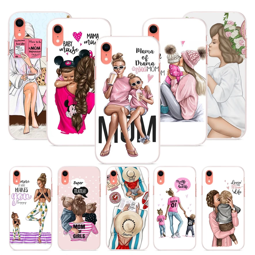 Мягкий силиконовый чехол OUTMIX Baby and Mom Girl queen для iPhone 7 8 plus X XS XR max 5 5S 6 6S Черная