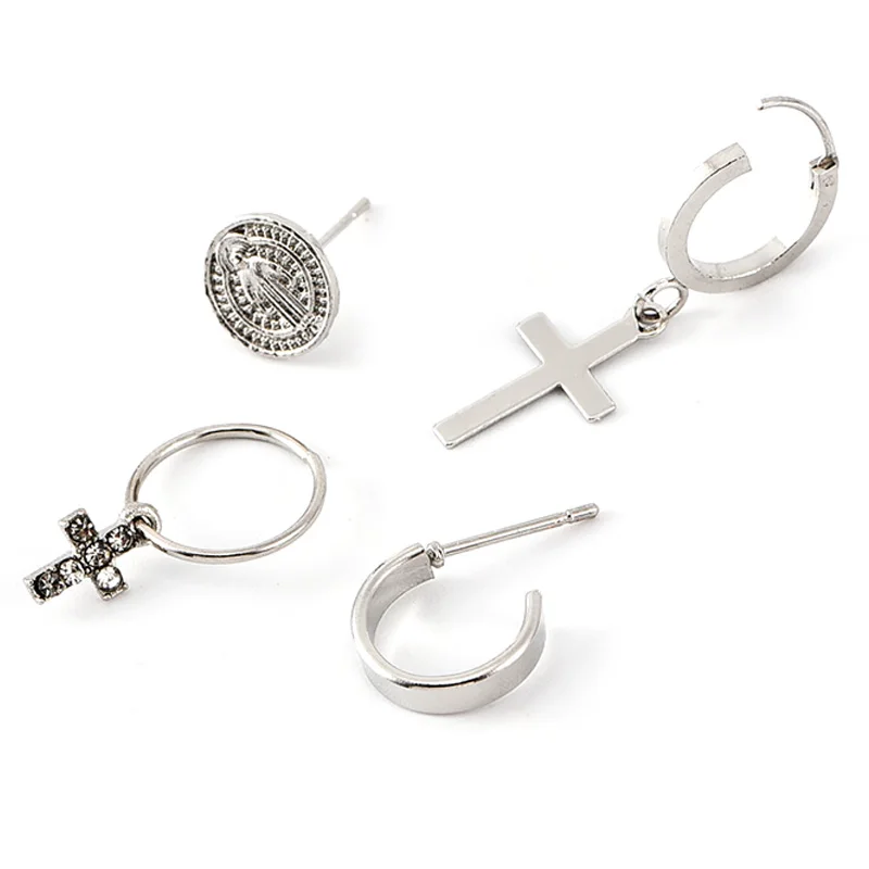 4 Pcs/Set Women Vintage  Cross Virgin Mary Round Crystal Pendant Silver Color Earring Set Personality Party Jewelry Accessories | Украшения
