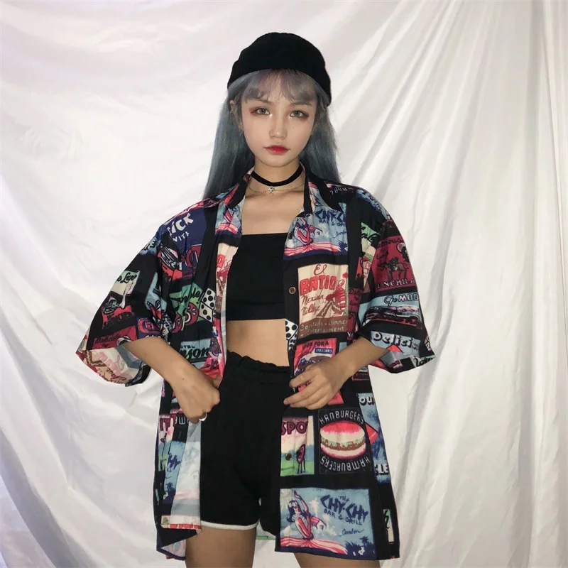 Женские рубашки, простые, подходят ко всему, хип-хоп, Harajuku, трендовые, корейский стиль, свободные, с принтом, женские, для отдыха, однобортные, женские блузки