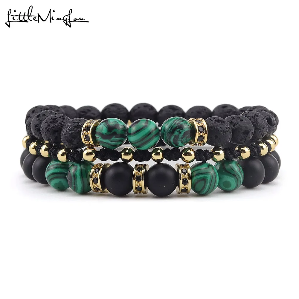 

3pcs/Set Luxury Malachite Natural Stone Beads Bracelets CZ Zircon Charm Braided Braiding Men Bracelets & Bangles For Men Jewelry