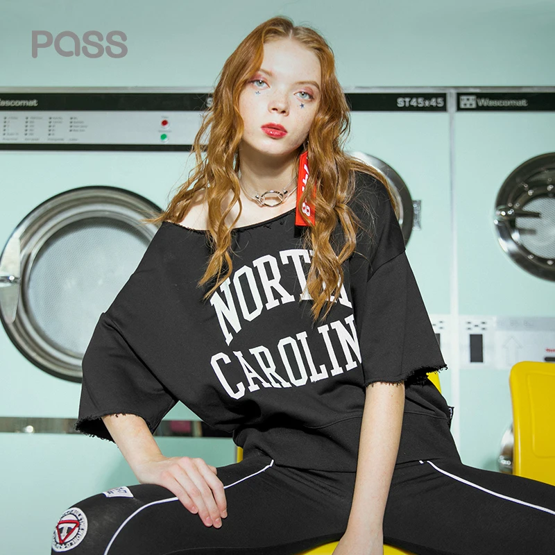 PASS Summer Women T-Shirt Loose Slash Neck Collar Letter Printed Casual Shirt 2018 New Half Sleeve Tops | Женская одежда