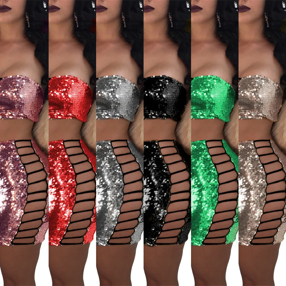 Летнее платье 2019 женские пикантные блестки из двух частей вечерние мини платья