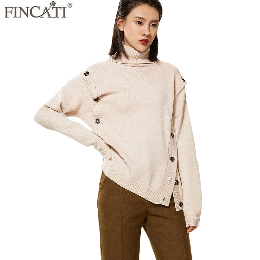 Women Sweater High End 100% Cashmere Long Sleeve Irregular Hem Buttons Side Warm Turtleneck Sweaters Pullover Jersey | Женская одежда
