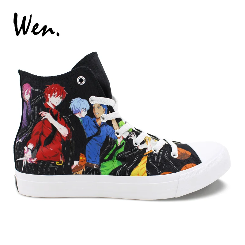 

Wen Classic Black Shoes Hand Painted Design Kuroko's Basketball High Top Anime Canvas Sneakers Men Boys Athletic Gym Shoes