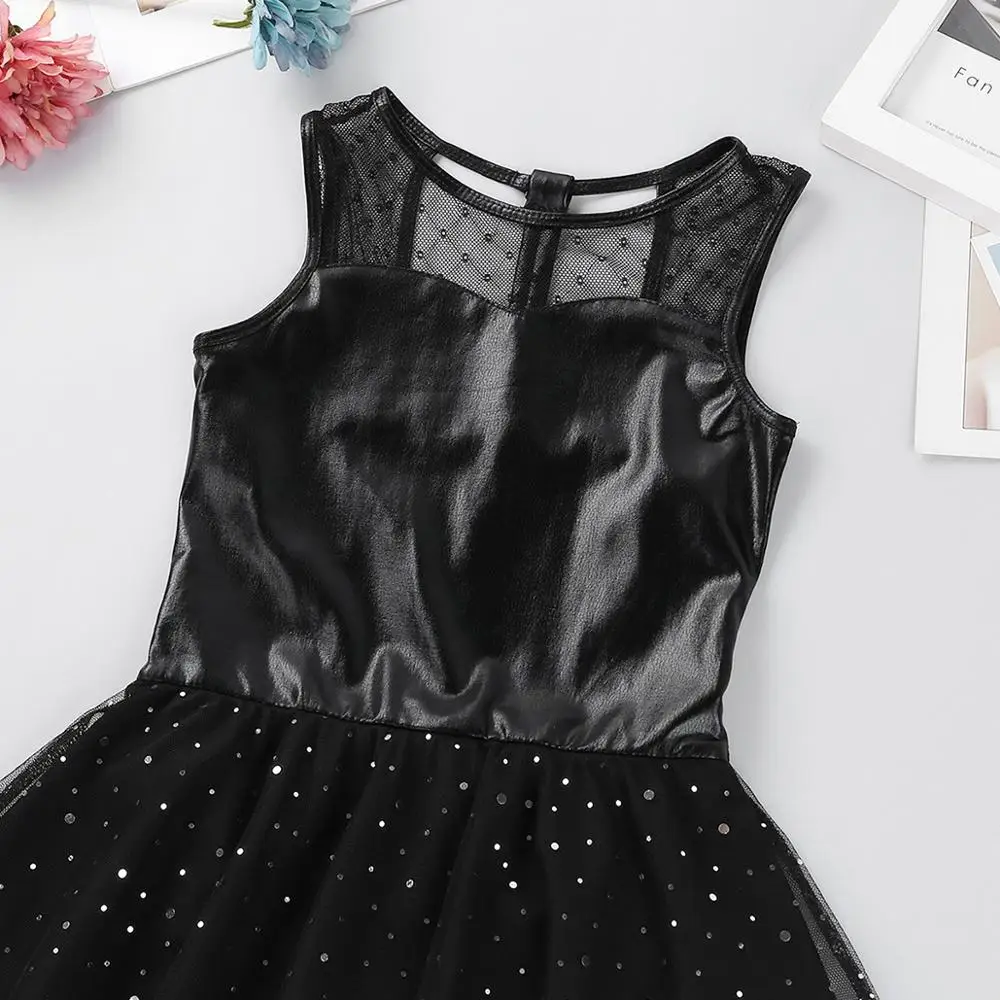Kids Teens Black Metallic Mesh Splice Gymnastics Leotard Dress Ballet Tutu Children Girls Figure Skating Dance Costumes | Тематическая