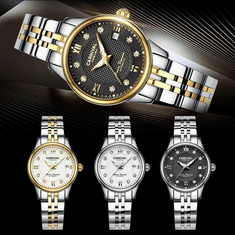 

CARNIVAL Fashion Synthetic Sapphire Women Watch TopBrand Luxury Brand Ladies Watch Gold-Plated Diamond Inlaid Steel relogio