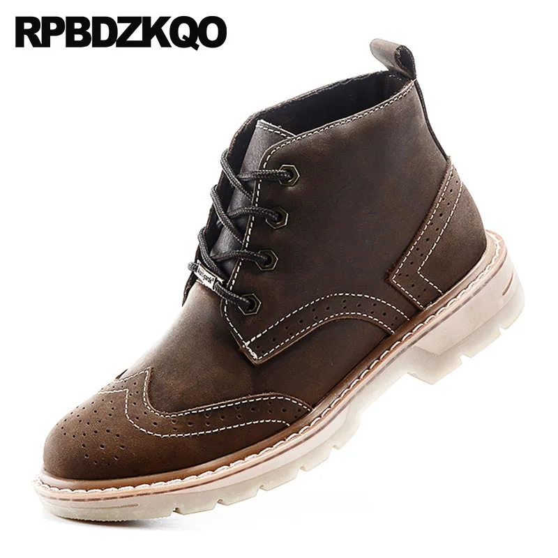

Army Vintage Booties Genuine Leather Combat Military Men's Shoes Brown Wingtip Brogue Ankle Full Grain Plus Size Retro Boots